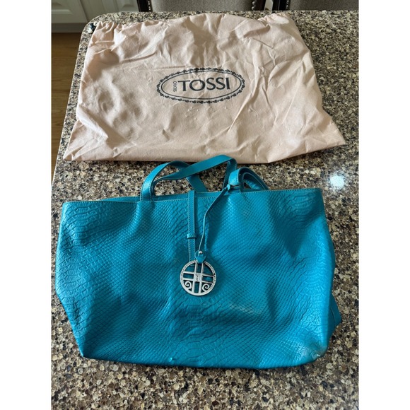 Silvio Tossi Teal Snake Embossed Leather Tote Bag With Dust Bag Thrashed Purse - Picture 2 of 16